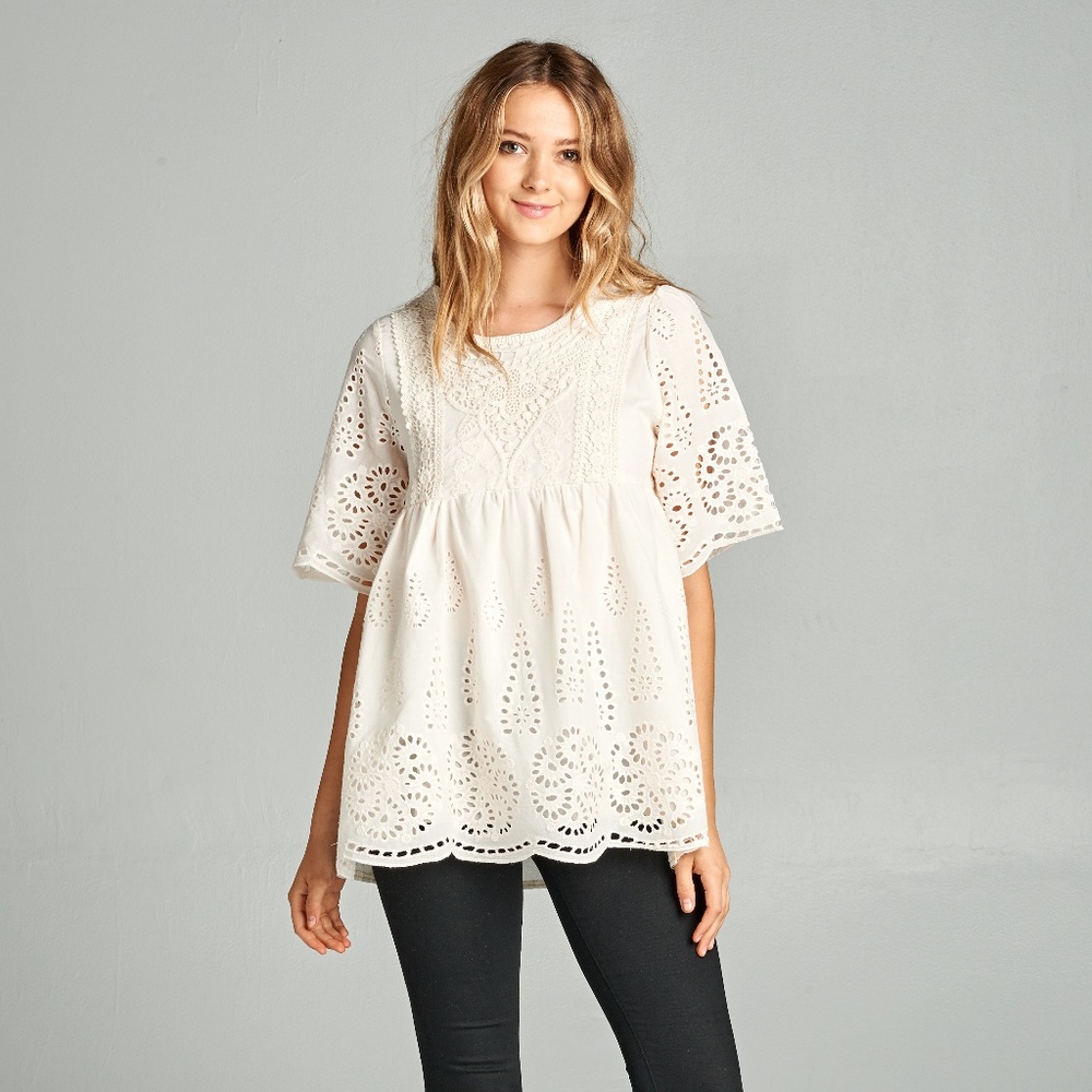 Oatmeal Lace Crochet-Detail Top